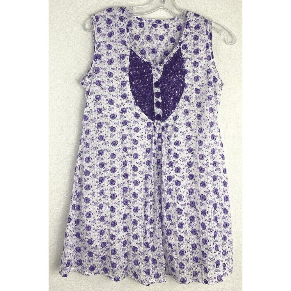 Womens Handmade Babydoll  Boho Swing Tank Top Floral  Purple Crochet Button SZ:M